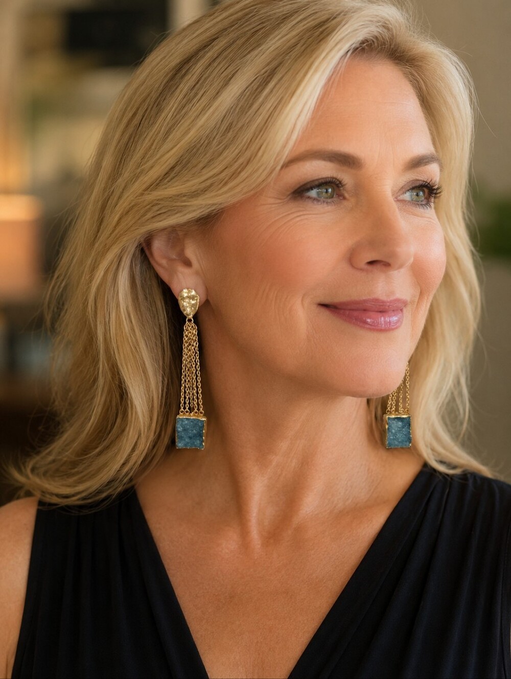 Handmade Mela Gold Chain Drop Earrings with Teal Druzy Stone
